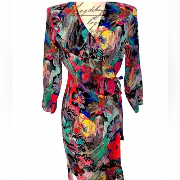 🌼Vintage Multicolor Marble Floral Ruffle Side Tie Pencil Dress - Picture 1 of 12
